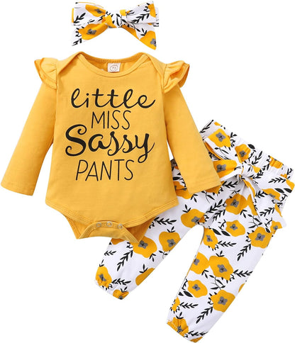 Infant Baby Girl Floral Ruffle Romper and Pants Set for Fall/Winter (0-3 Months)
