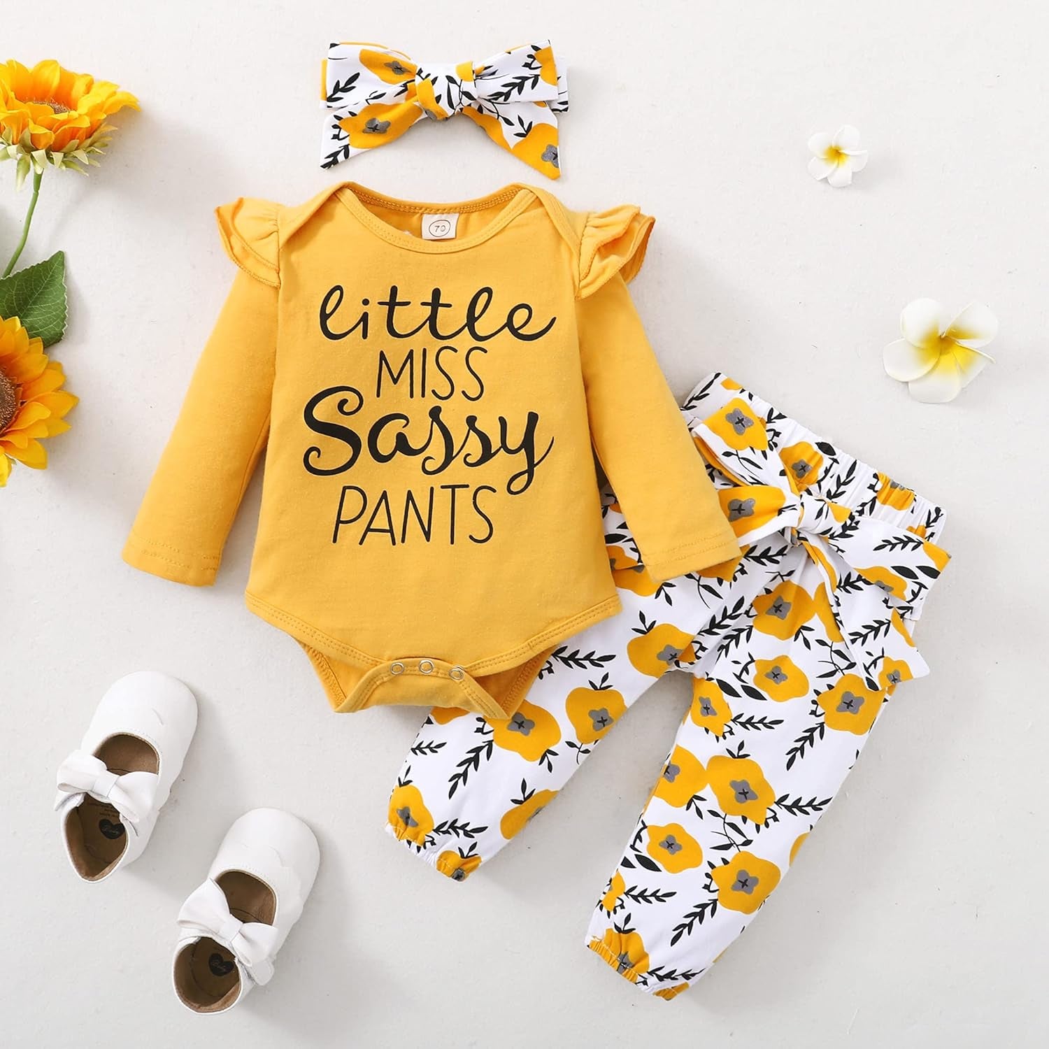 Infant Baby Girl Floral Ruffle Romper and Pants Set for Fall/Winter (0-3 Months)