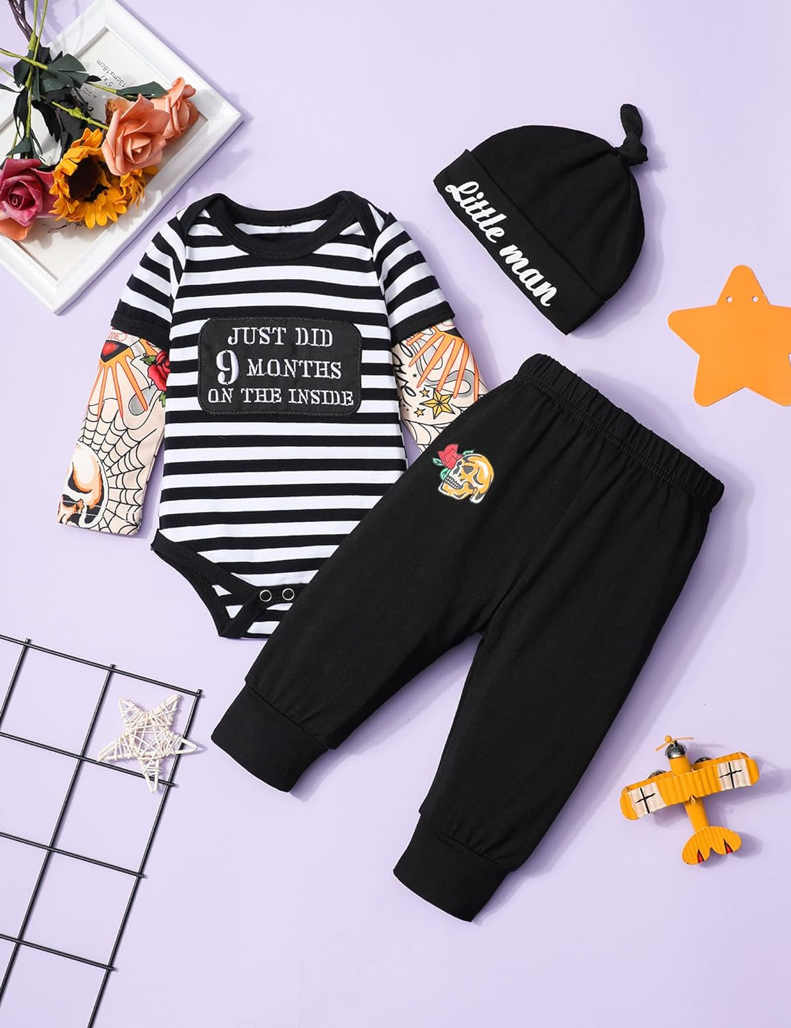 Infant Boys' Tattoo Sleeve Romper Bodysuit and Pants Set - 3 Piece Outfit