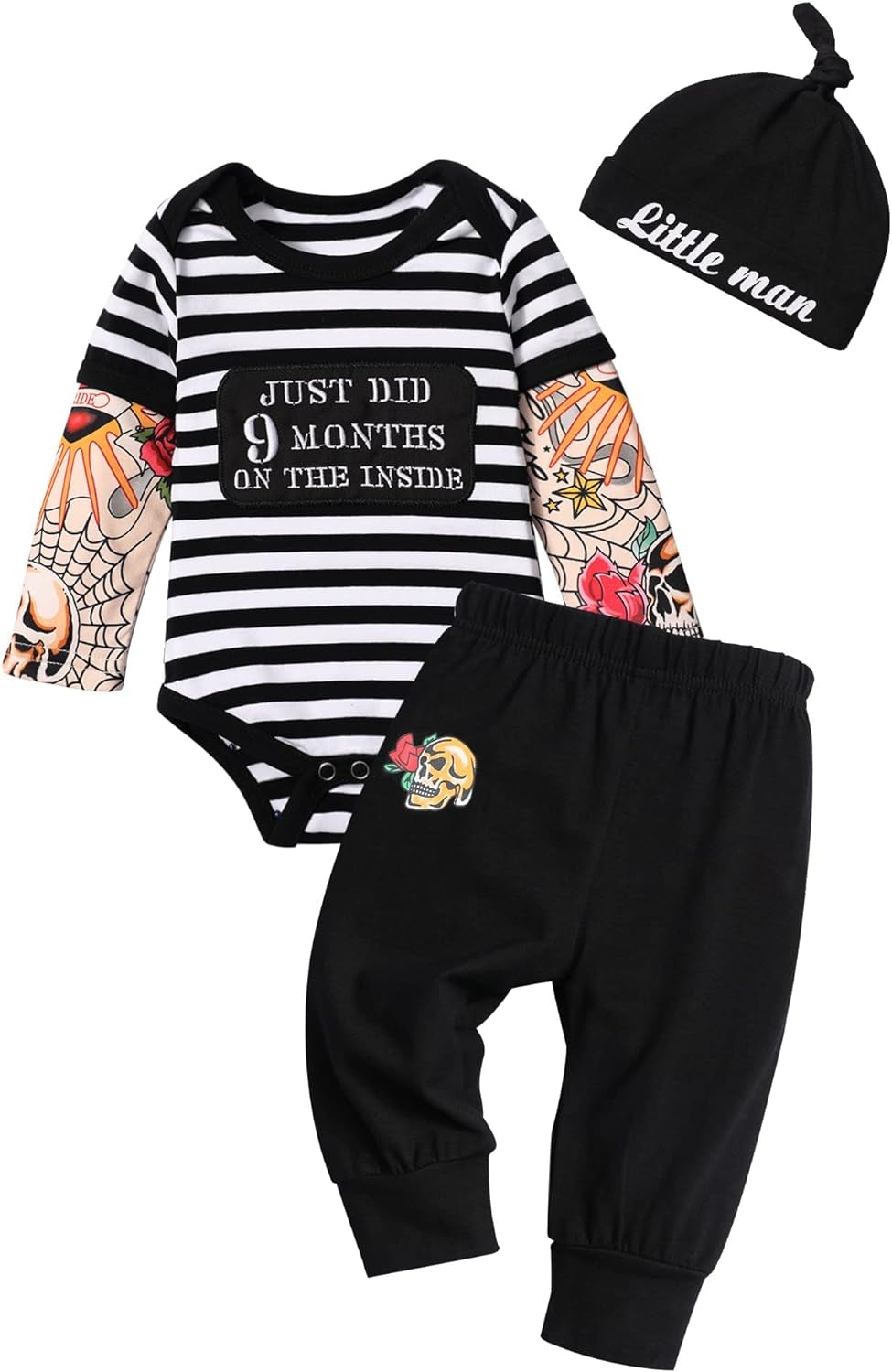 Infant Boys' Tattoo Sleeve Romper Bodysuit and Pants Set - 3 Piece Outfit