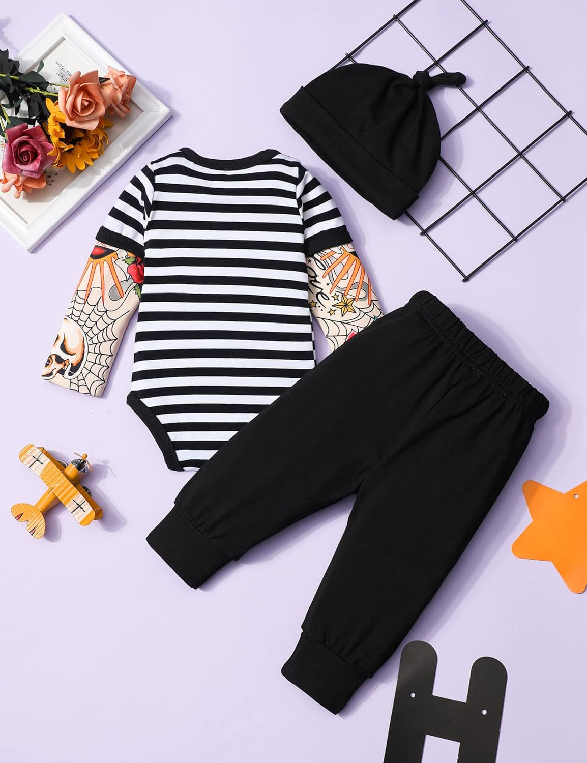 Infant Boys' Tattoo Sleeve Romper Bodysuit and Pants Set - 3 Piece Outfit
