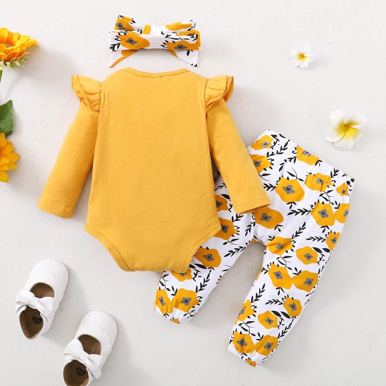 Infant Baby Girl Floral Ruffle Romper and Pants Set for Fall/Winter (0-3 Months)