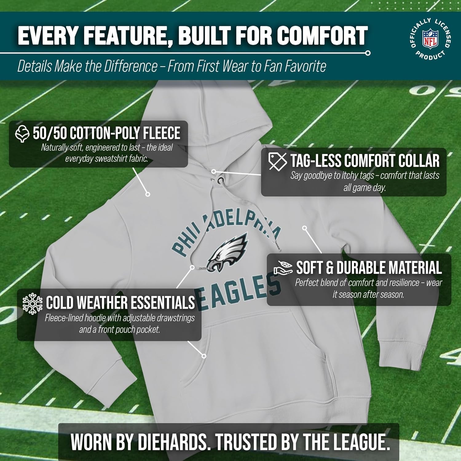NFL Adult Gameday Hooded Sweatshirt - Poly Fleece Cotton Blend for Warmth and Team Representation