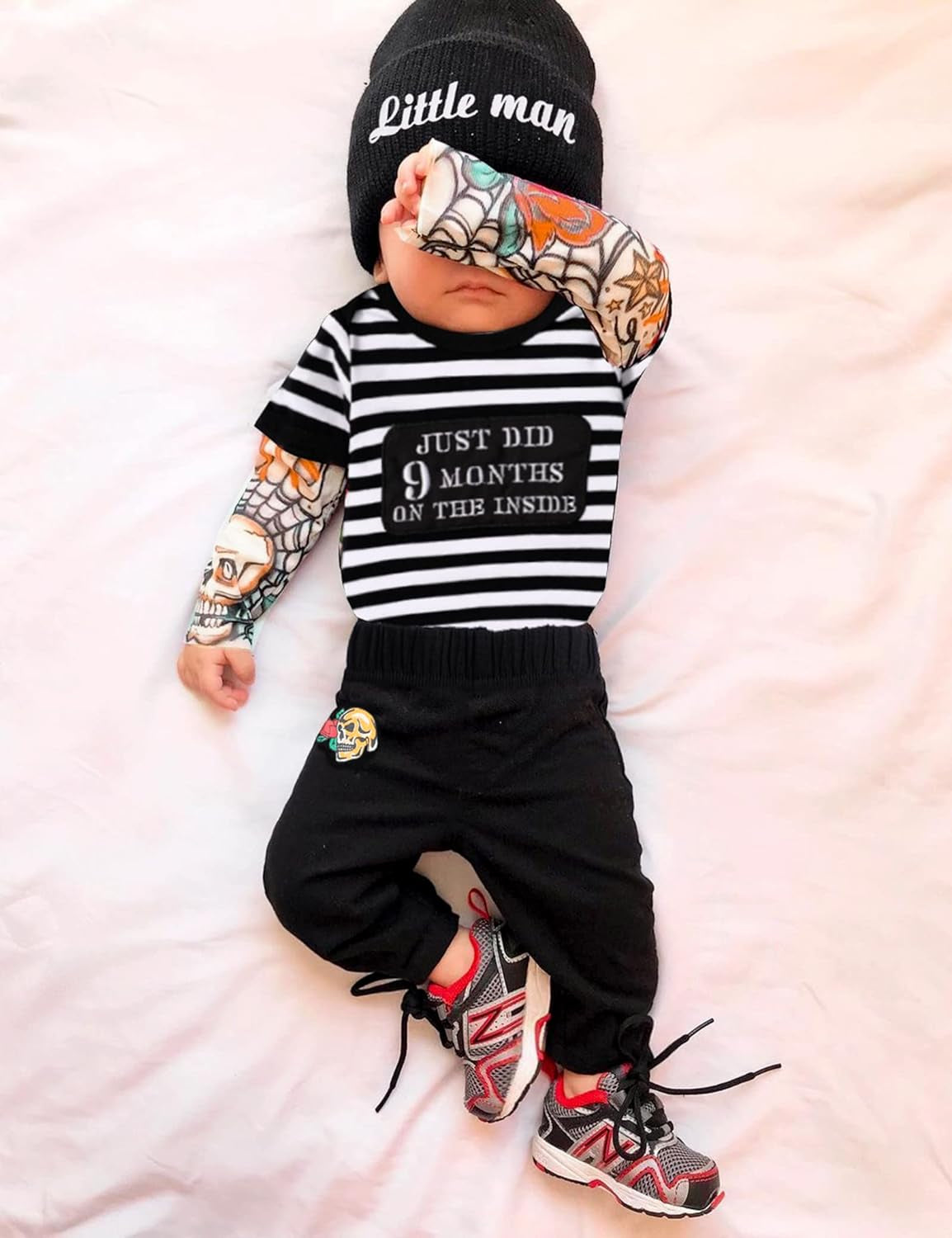 Infant Boys' Tattoo Sleeve Romper Bodysuit and Pants Set - 3 Piece Outfit